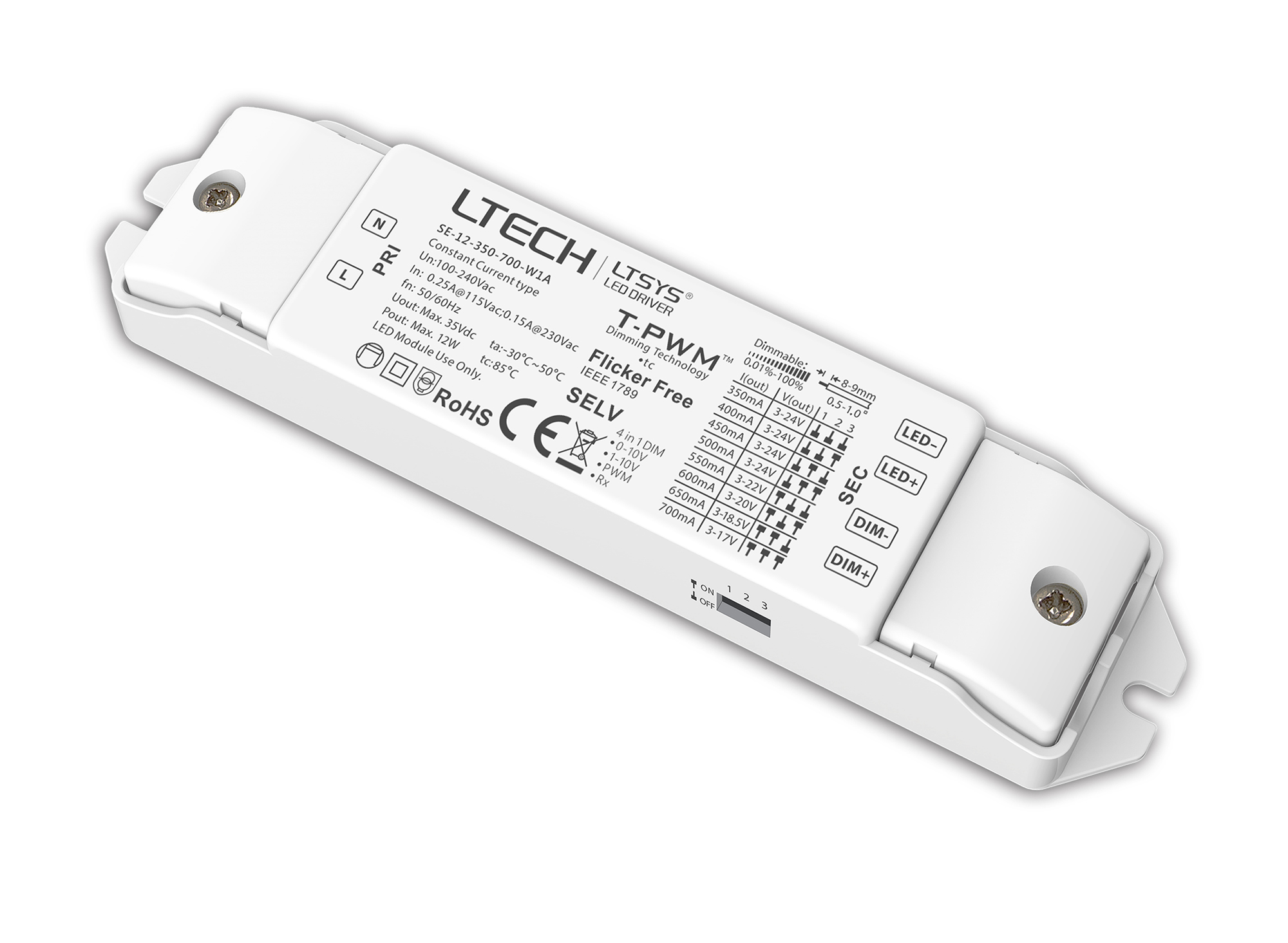 SE-12-350-700-W1A  0-10V/1-10V/10V PWM/RX, 0-100% Dim, ConstantVoltage 12W 3-24Vdc, 350-700mA, 100-240Vac, IP20.